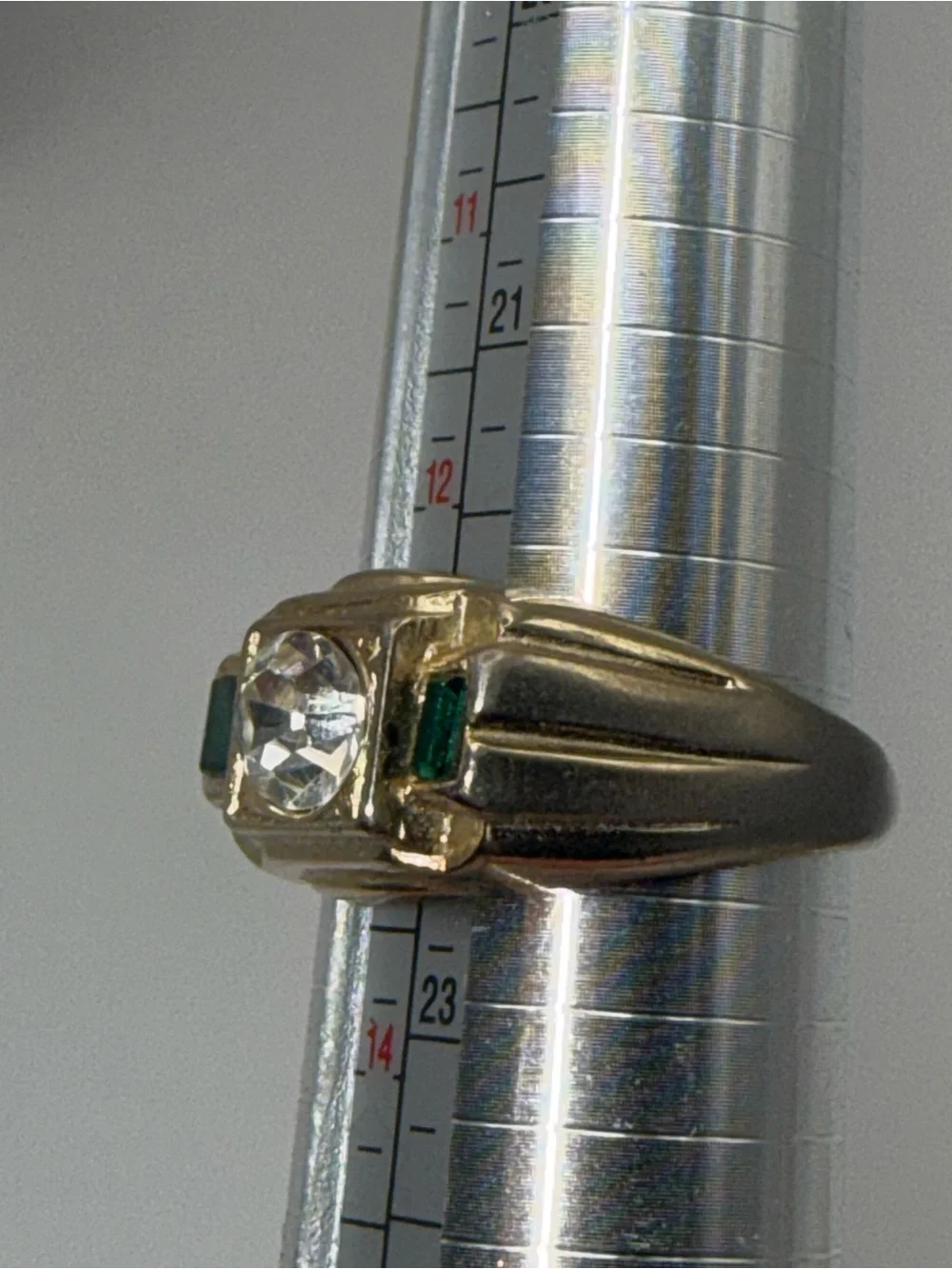 Gold-Tone Men's Signet Ring with Clear Center Stone and Green Accents